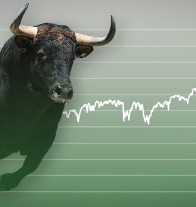 Picture of a bull running across a green chart with an upward trend line